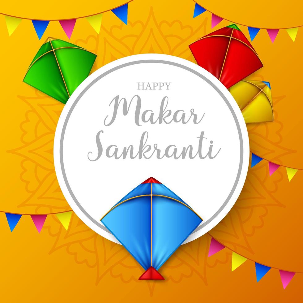 makar sankranti tarjeta de felicitación con papel redondo y cometa de colores vector