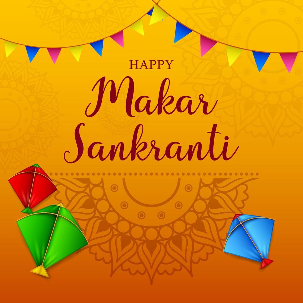 Makar sankranti greeting card with colorful kites vector