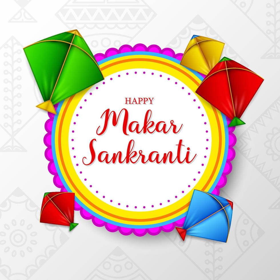 Makar sankranti greeting card with round paper and colorful kite vector