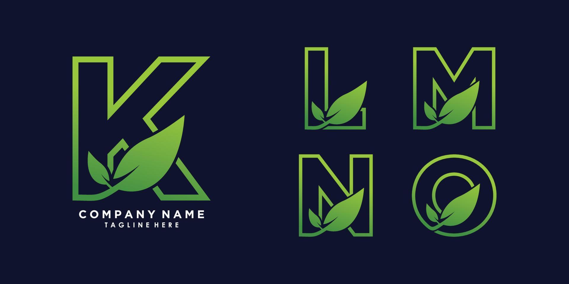 letter k,l,m,n,o logo design with leaf creative concept premium vector