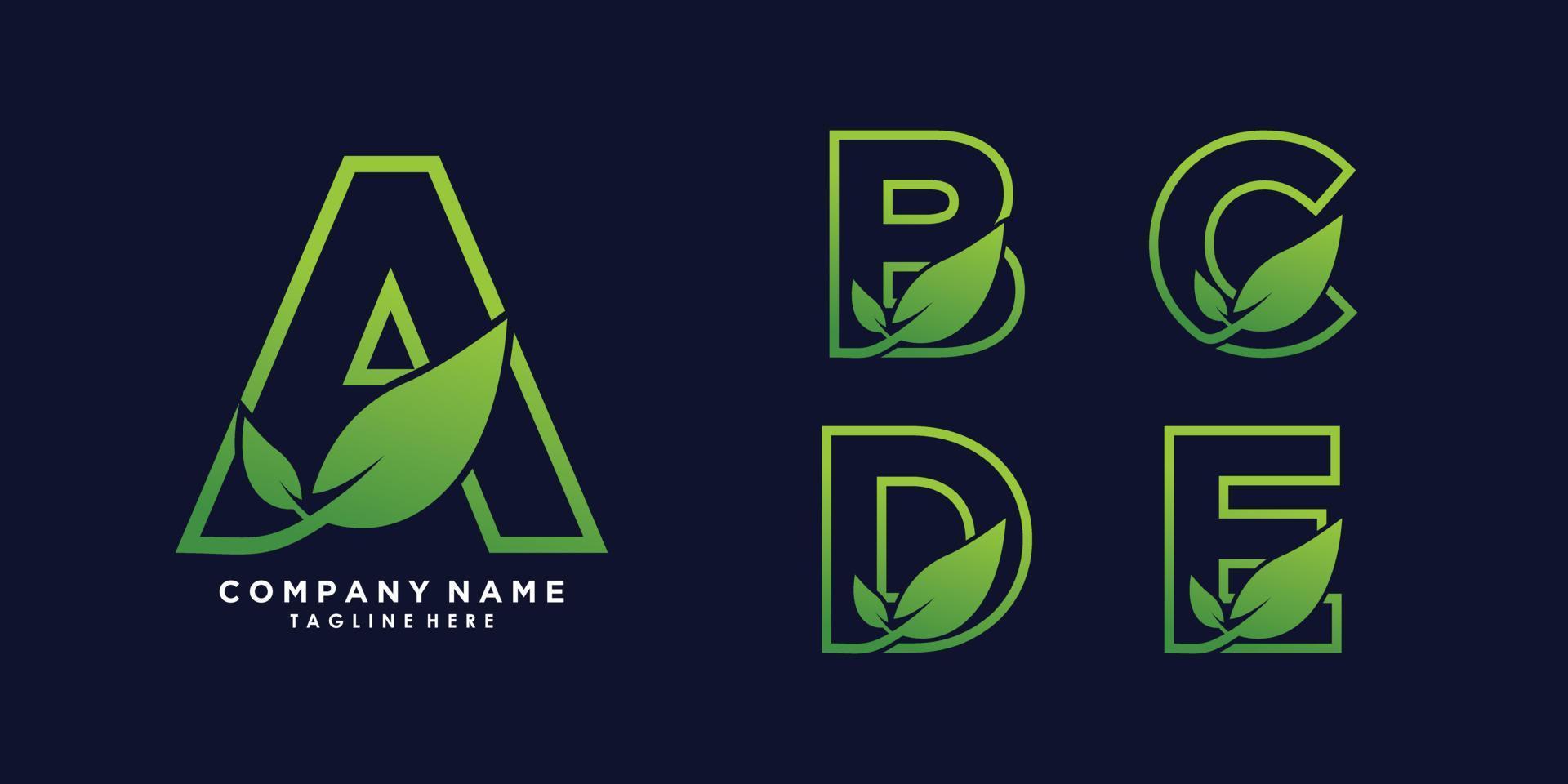 letter a,b,c,d,e logo design with leaf creative concept premium vector