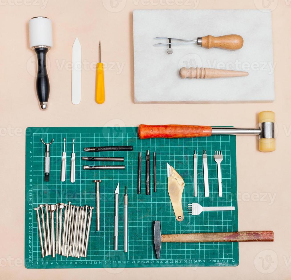 above view of various tools for leatherwork photo