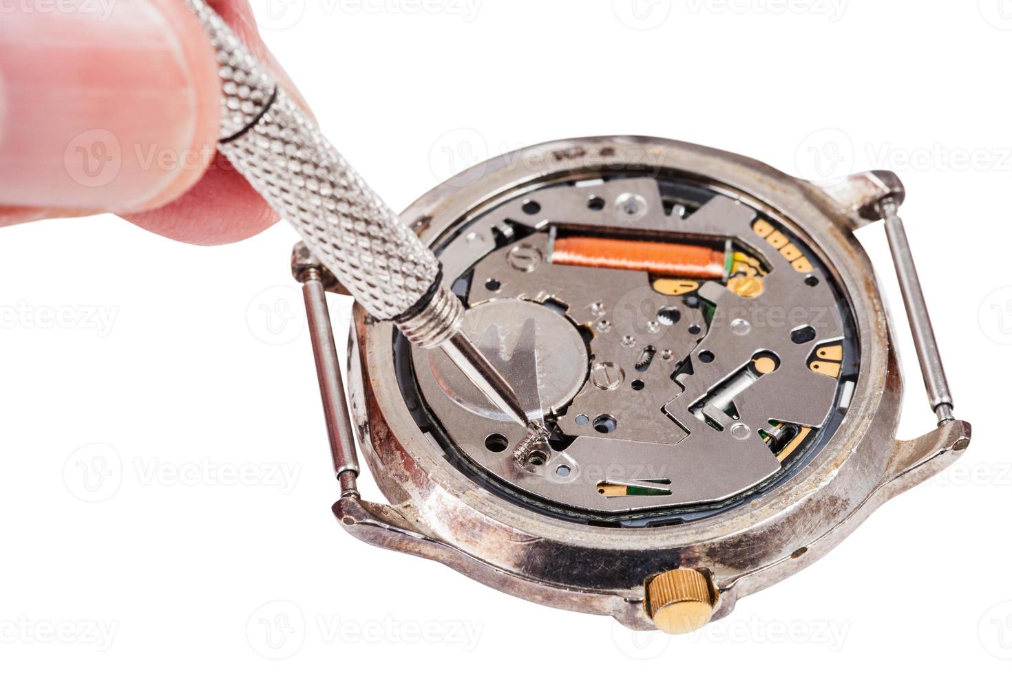 repairer replaces battery in quartz watch isolated photo