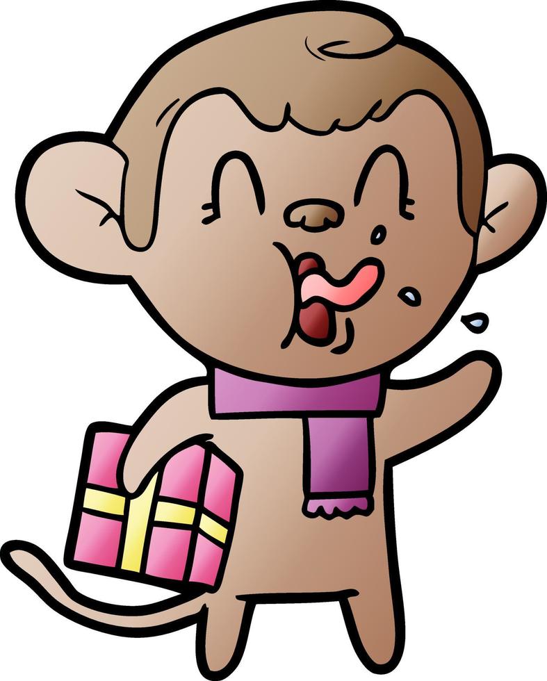 crazy cartoon monkey with christmas present vector