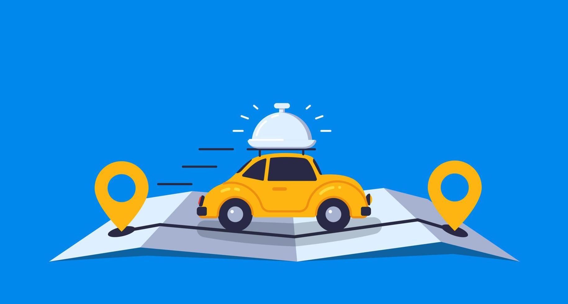 Concept online delivery using retro car with tray, goes on online gps map vector illustration