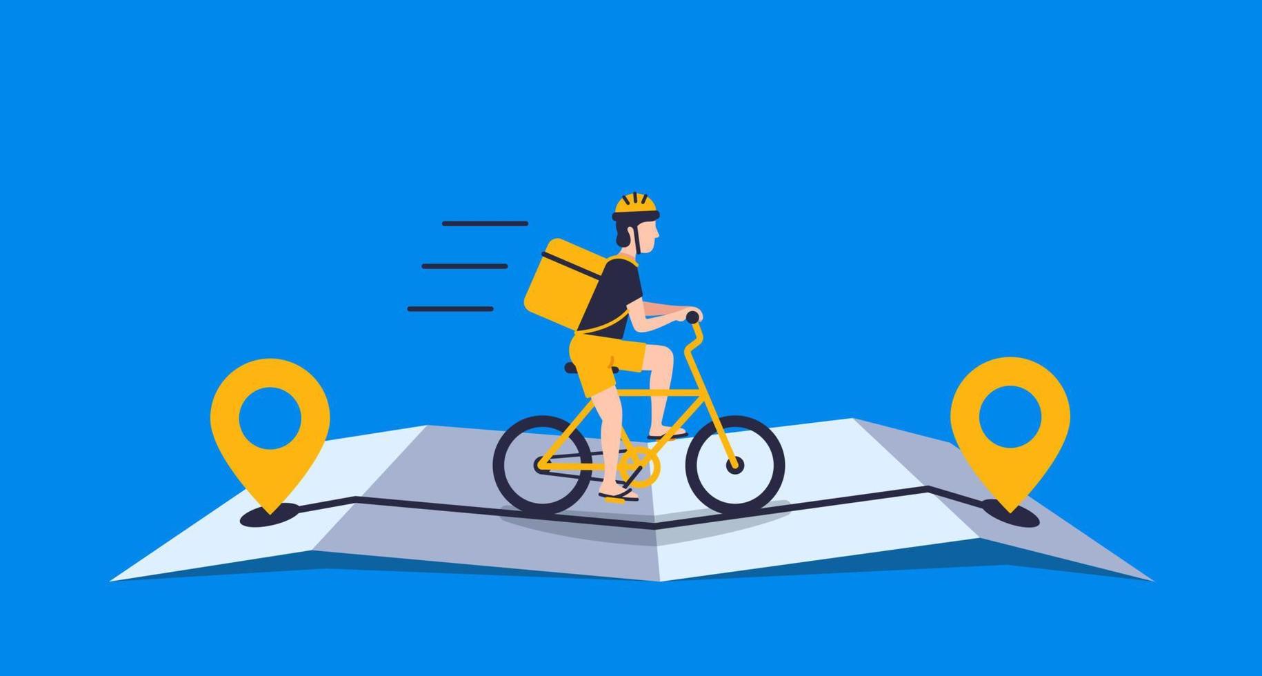 Courier with package using bicycle ride on the online map for delivery concept online delivery vector