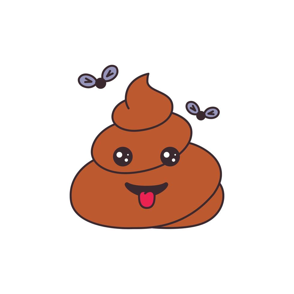 Cartoon cute smile poo with flies vector illustration for sticker, badge or textile