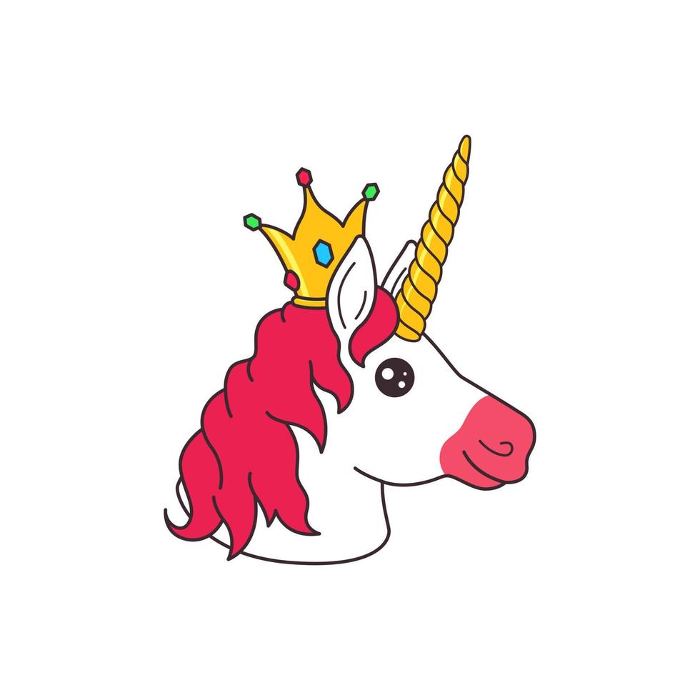 lindo, mágico, fantasía, caricatura, unicornio, cabeza, con, princesa, corona, pegatina, vector, aislado vector