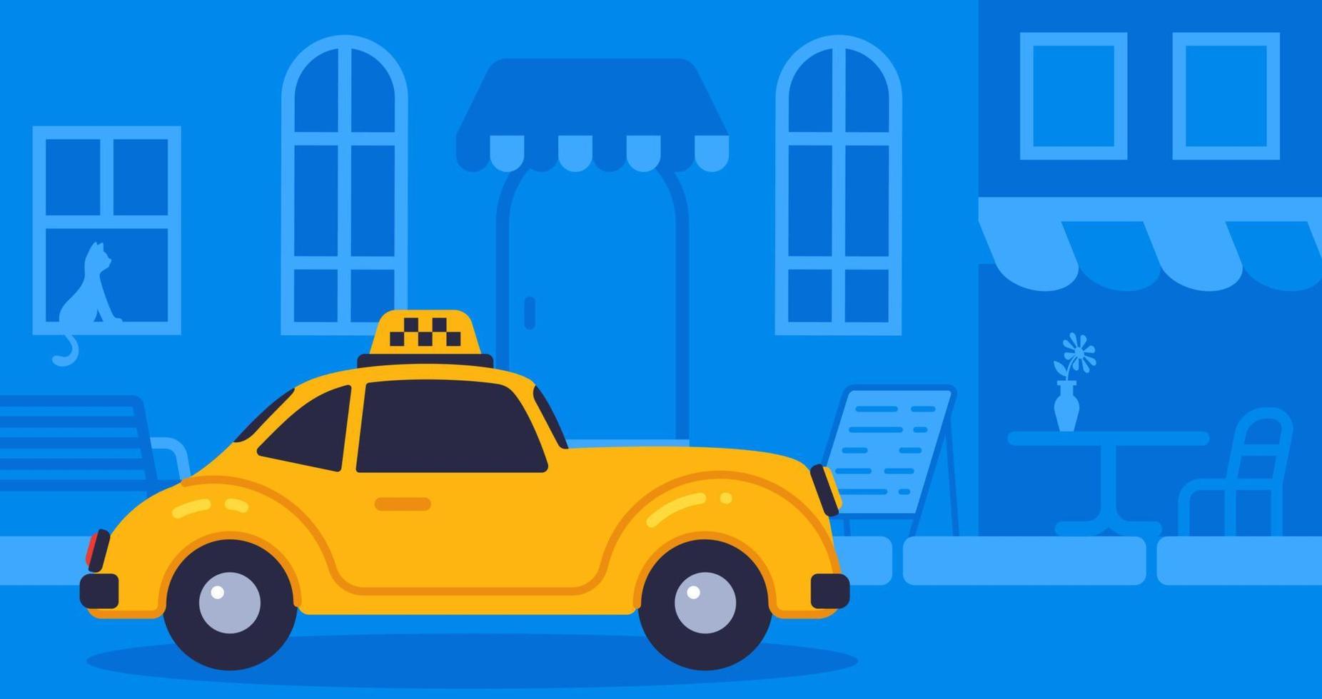 concepto de taxi en línea que usa un auto retro de lujo va en la ilustración de vector de fondo azul de la calle