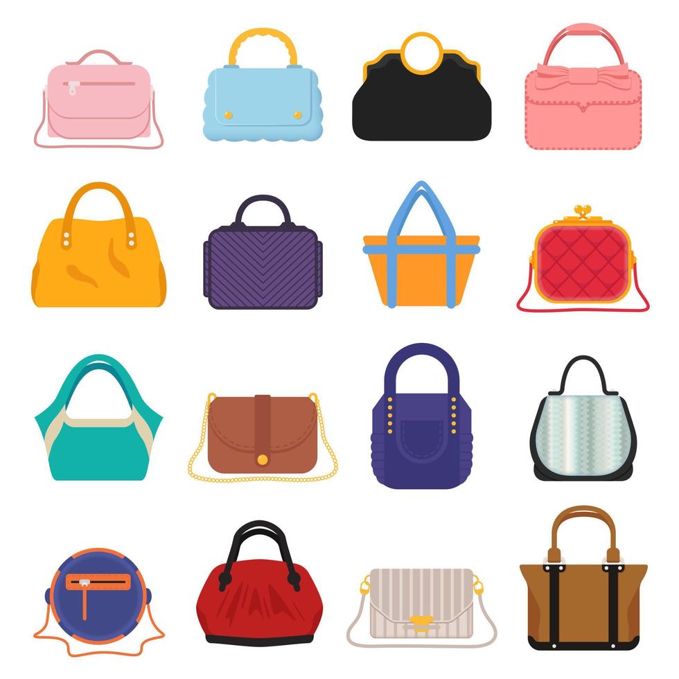 gran conjunto de bolsos y bolsos de mujer de moda moderna ilustración de vector plano de estilo diferente