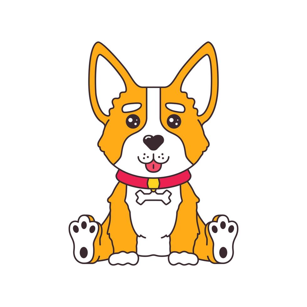 Lindo cachorro de perro corgi de dibujos animados sentado y sonriendo con la lengua fuera pegatina de cómics vector