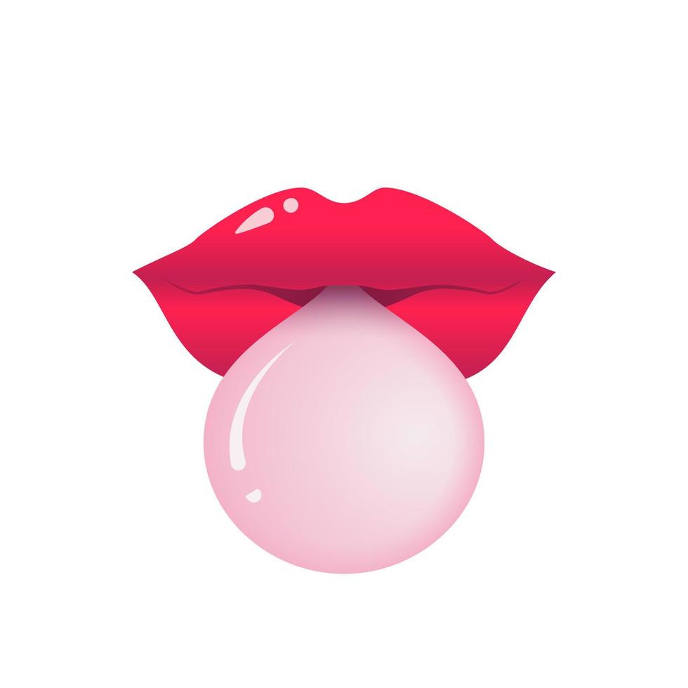 Pop woman red shine lips blowing bubble gum sticker vector