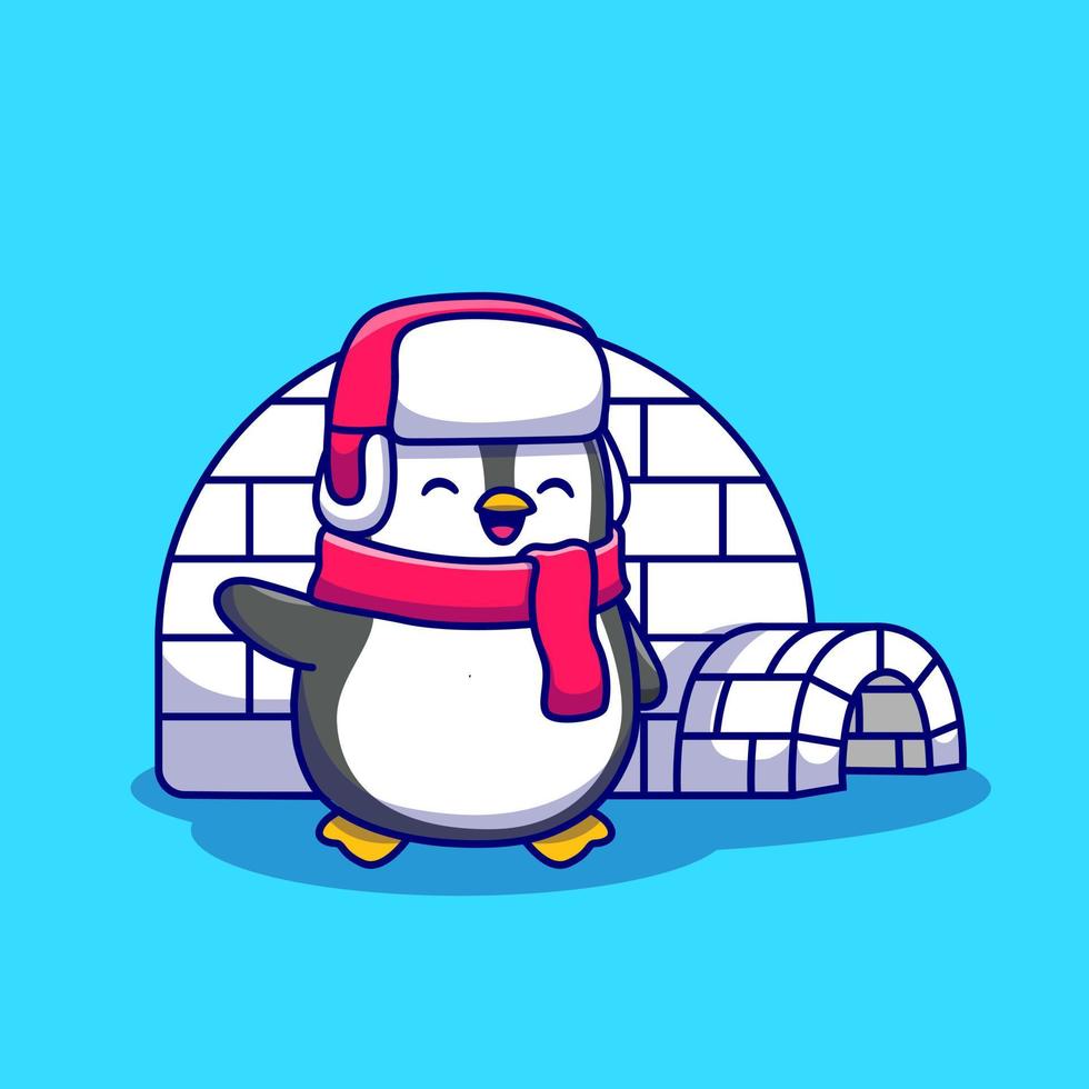 Cute Penguin Wih Igloo Cartoon Vector Icon Illustration. Animal Nature Icon Concept Isolated Premium Vector. Flat Cartoon Style