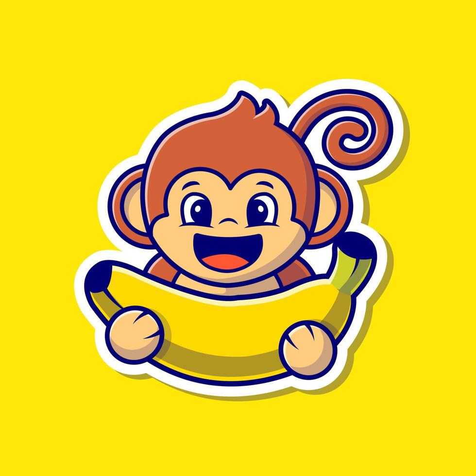 Cute Monkey Holding Banana Cartoon Vector Icon Illustration. Animal Food Icon Concept Isolated Premium Vector. Flat Cartoon Style