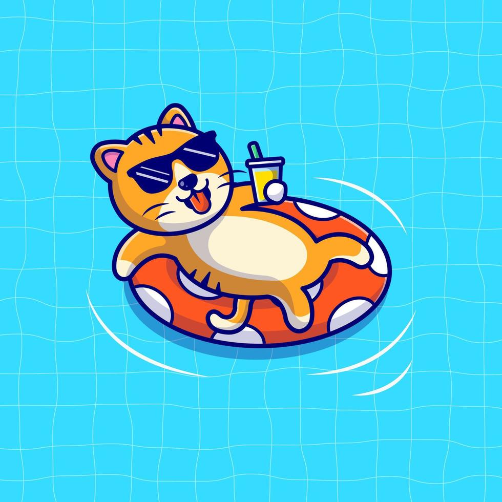 lindo gato flotando con neumáticos de natación ilustración de icono de vector de dibujos animados. concepto de icono de vacaciones de animales vector premium aislado. estilo de dibujos animados plana