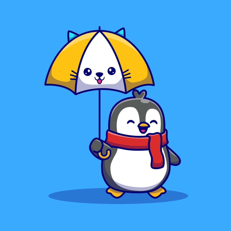 lindo pingüino con linda ilustración de icono de vector de dibujos animados de paraguas. concepto de icono de naturaleza animal vector premium aislado. estilo de dibujos animados plana