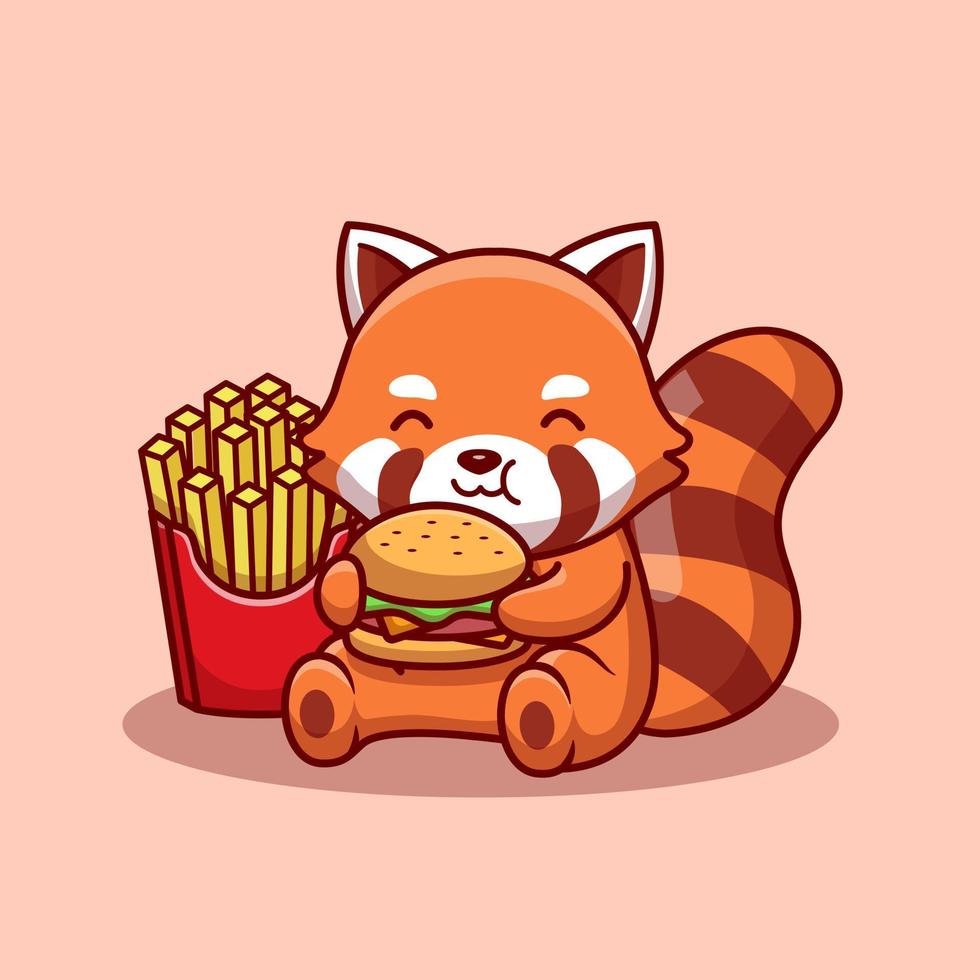 Cute Red Panda Eating Burger With Fries Cartoon Vector Icon Illustration. Animal Food Icon Concept Isolated Premium Vector. Flat Cartoon Style