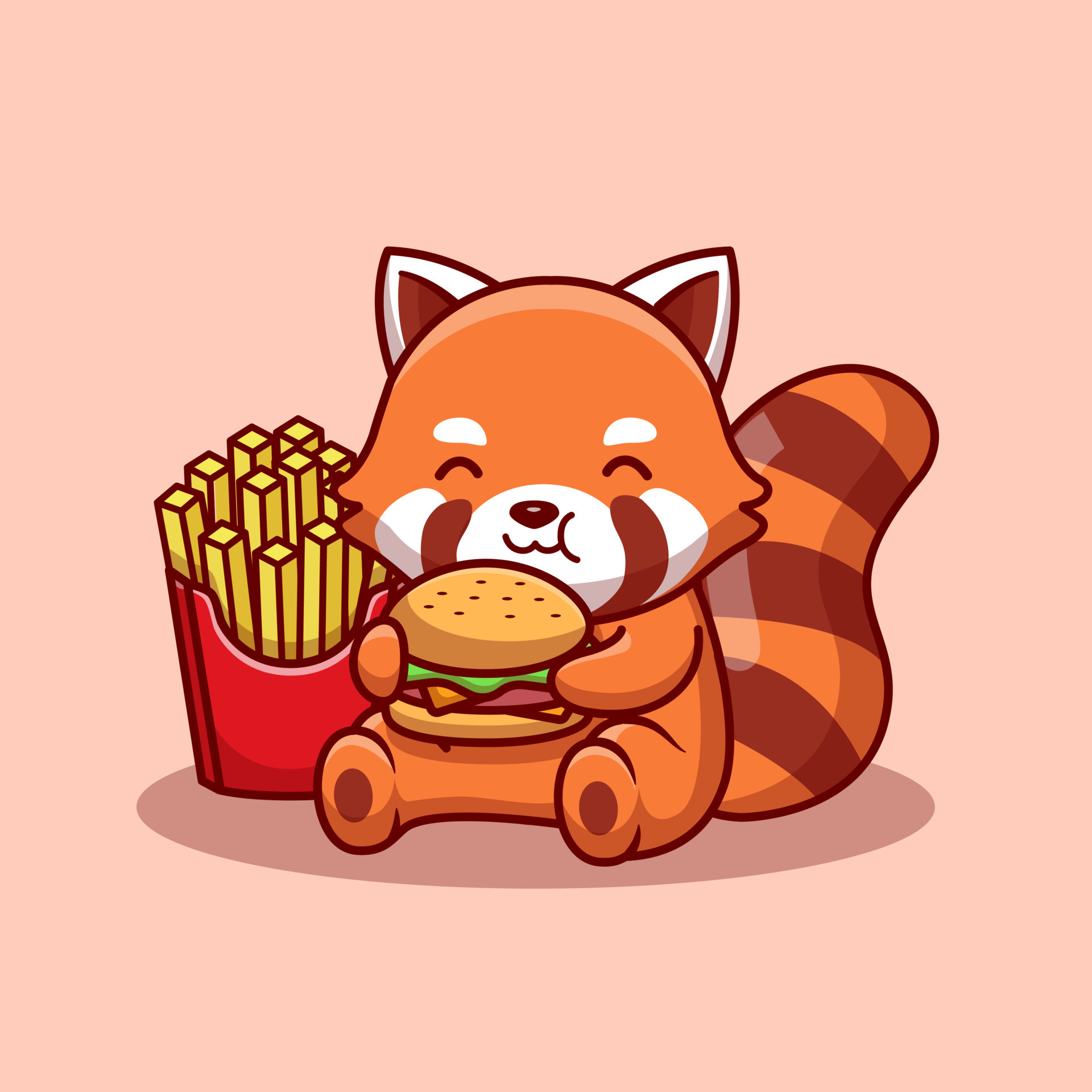 Cute Red Panda Eating Burger With Fries Cartoon Vector Icon ...