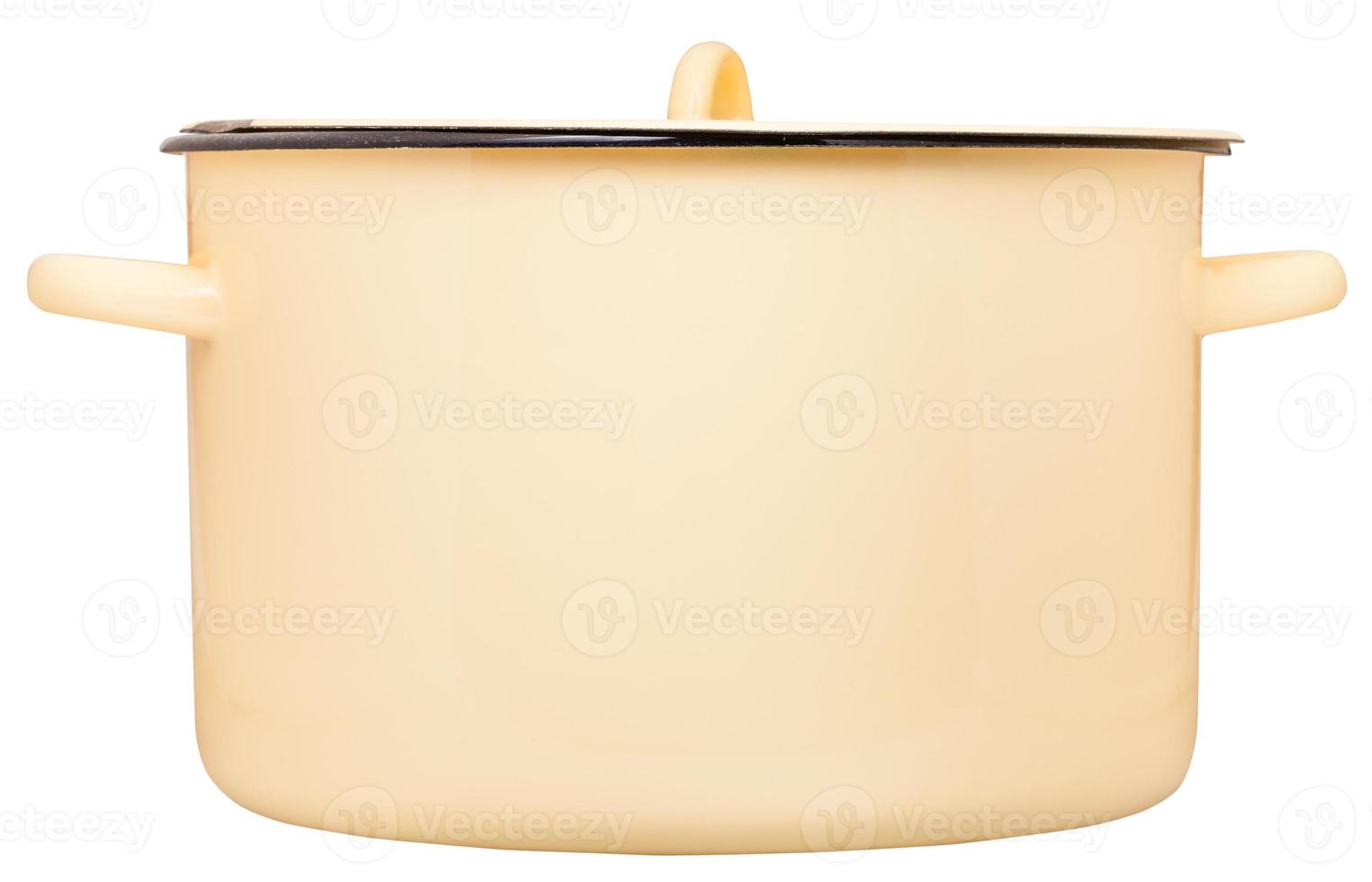 side view of large enamel saucepot closed by cover photo