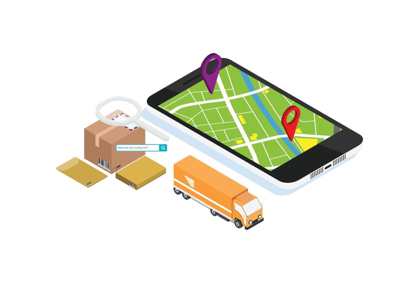 Parcel package order tracking flat 3d isometry isometric business online store shop delivery concept web vector illustration. Big box on magnifier and micro customers. Creative people collection.