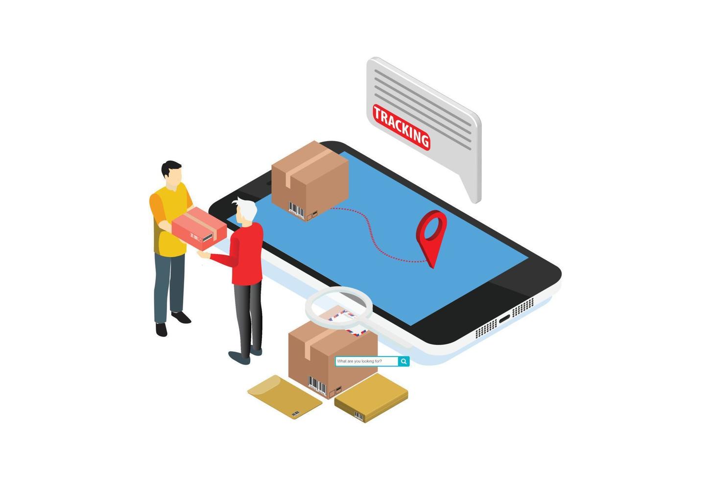 Parcel package order tracking flat 3d isometry isometric business online store shop delivery concept web vector illustration. Big box on magnifier and micro customers. Creative people collection.