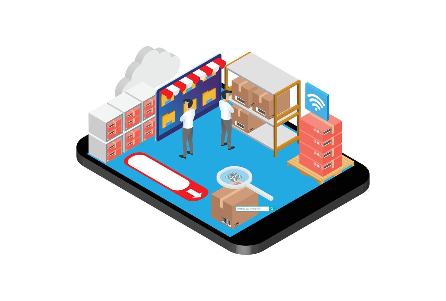 Tracking shipment worldwide search flat 3d isometric online order shipping business concept web vector illustration. World map and box route . Creative people collection.