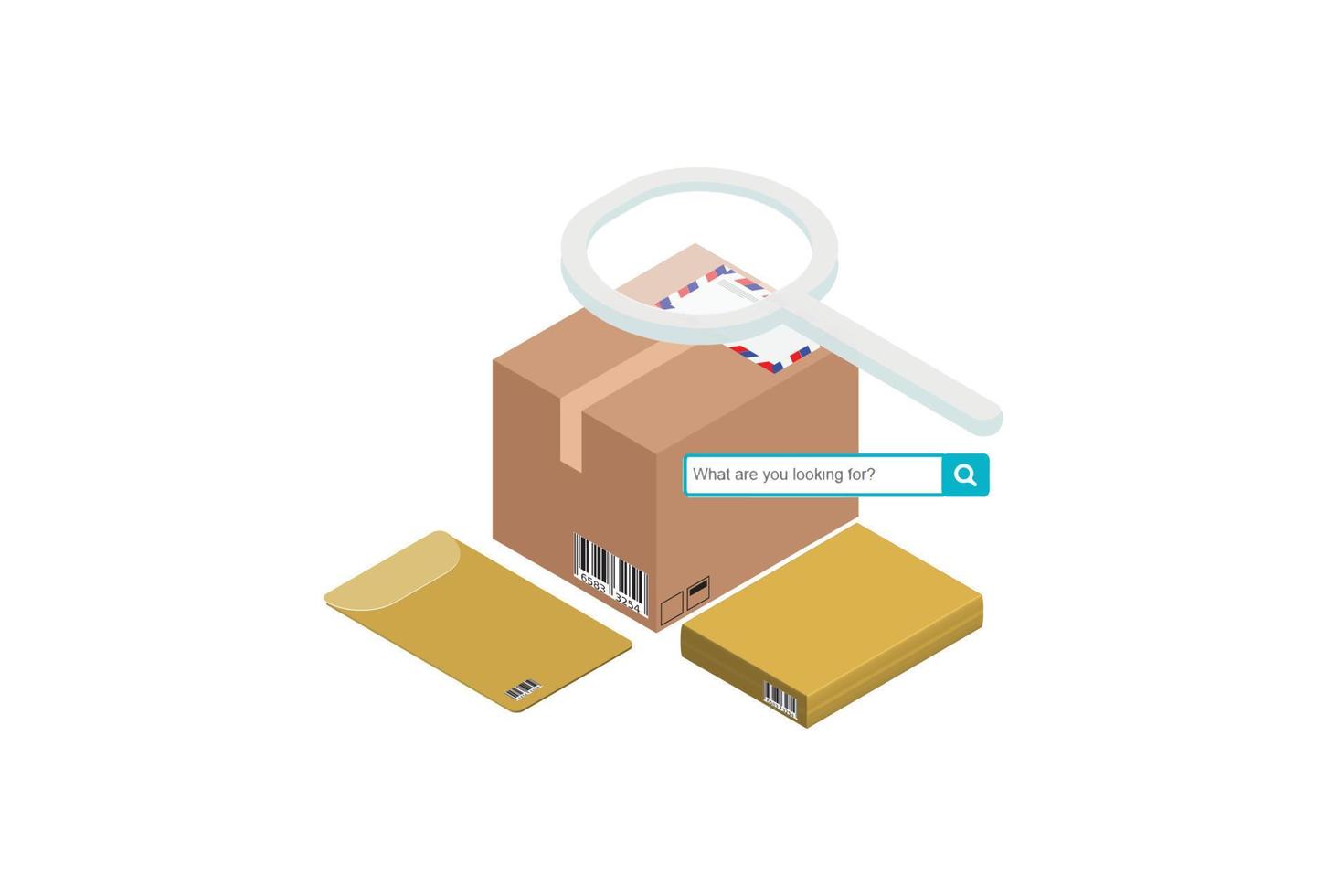 Parcel package order tracking flat 3d isometric business online store shop delivery concept web vector illustration. Big box on magnifier and micro customers. Creative people collection.