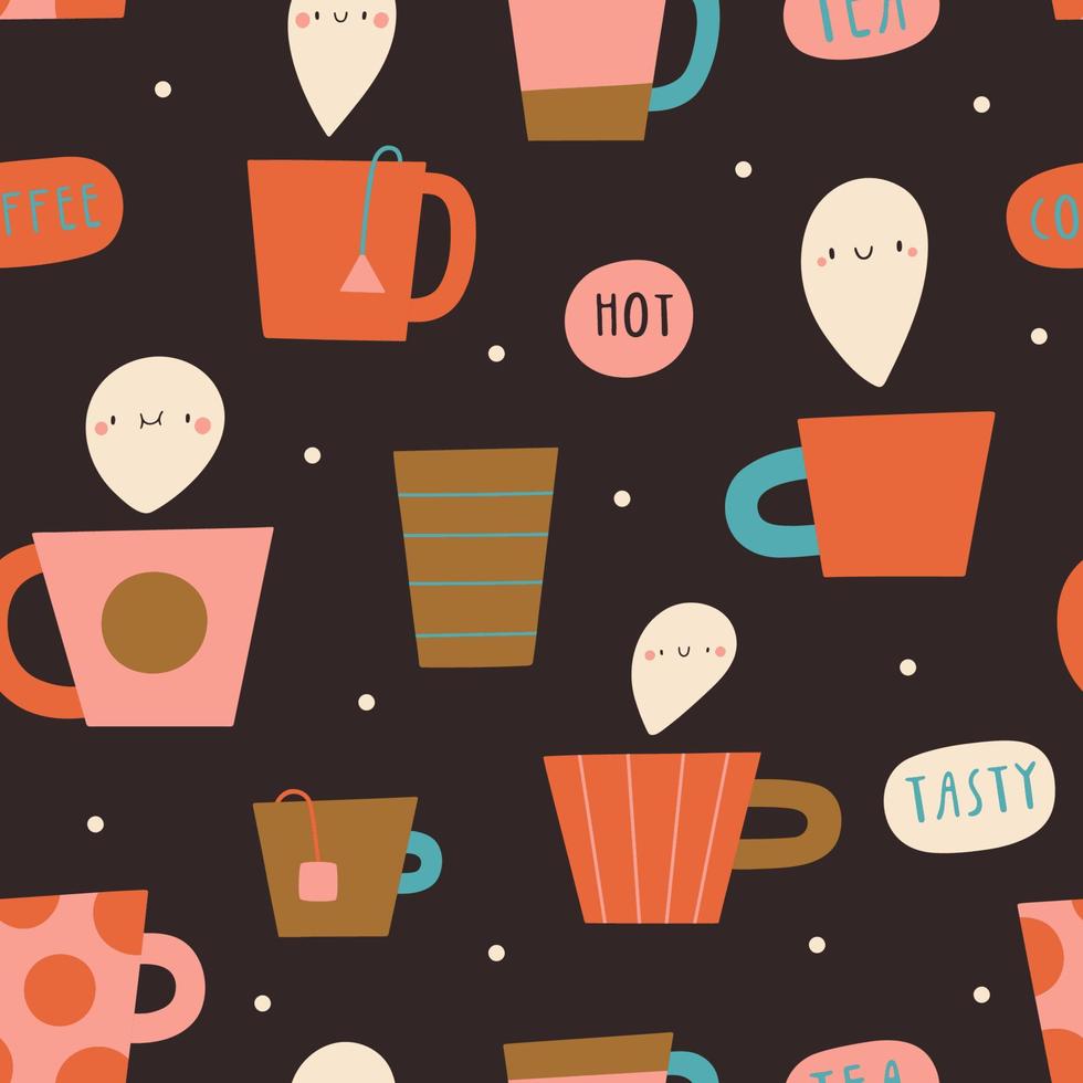 Cute seamless pattern with different coffee and tea cups. Hot beverage vector texture. Hand drawn smiley drinks background