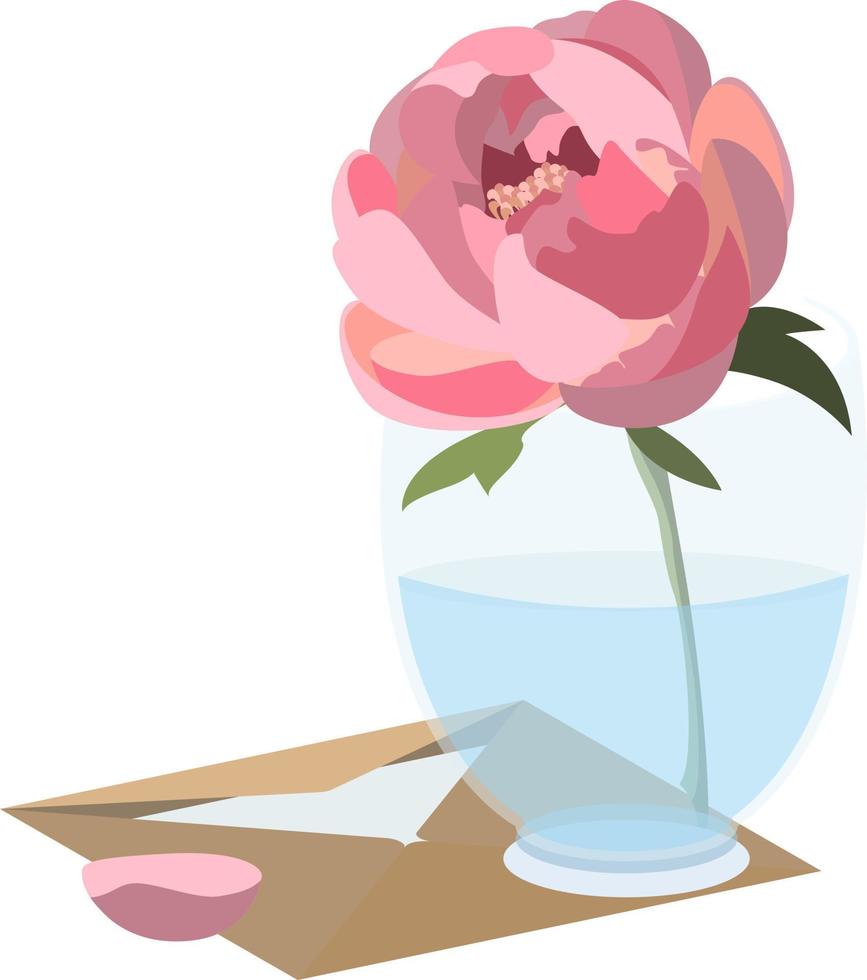 Vector illustration of pink peony put in glass standing on letter envelope. Isolated in white background