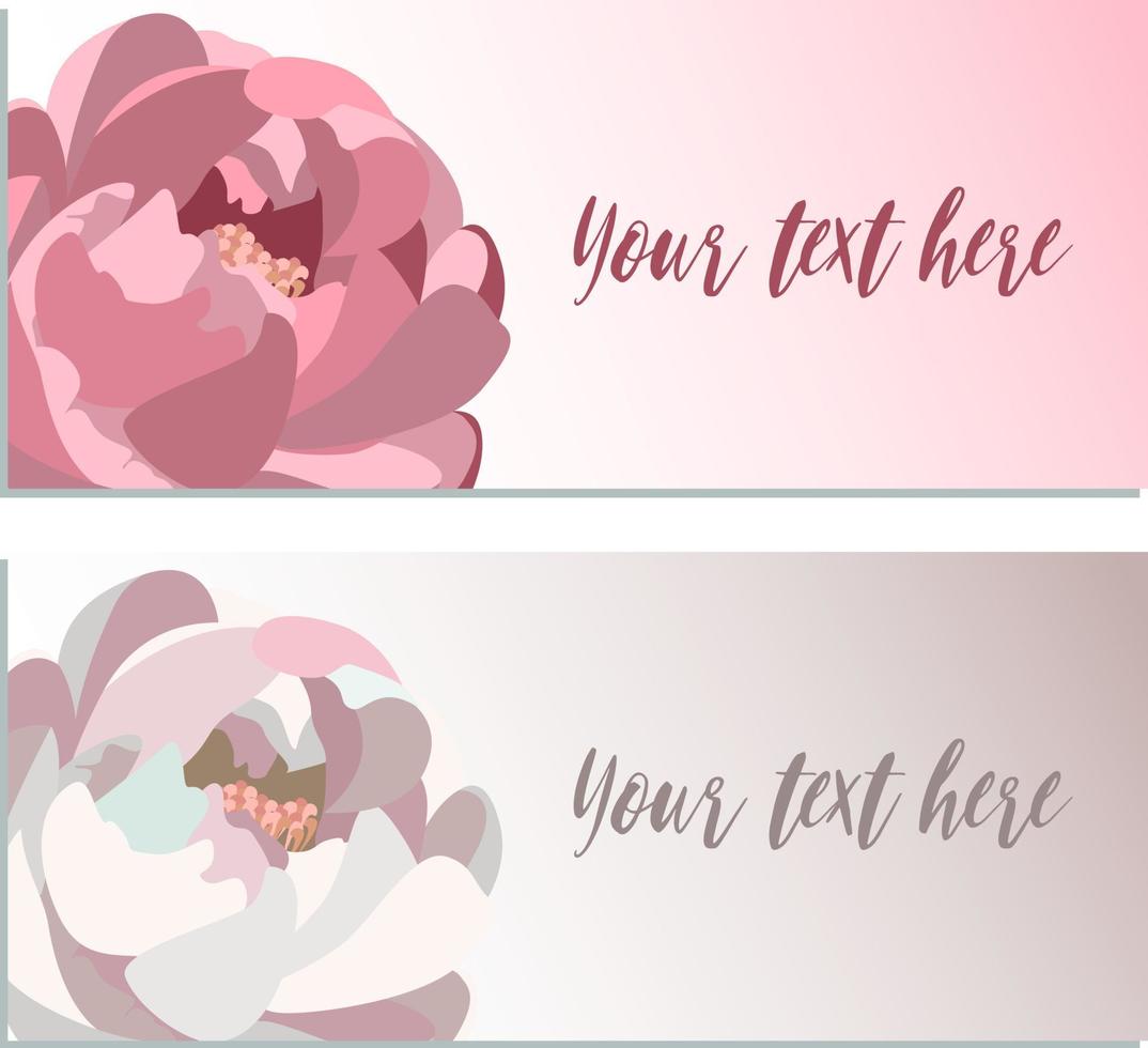 Two templates of greeting cards with pink and white peonies, copyspace included vector