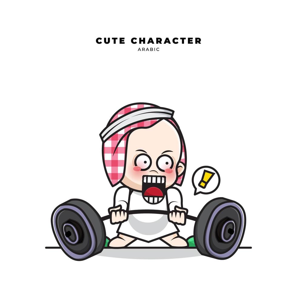 Cute cartoon character of arab baby is lifting barbell vector