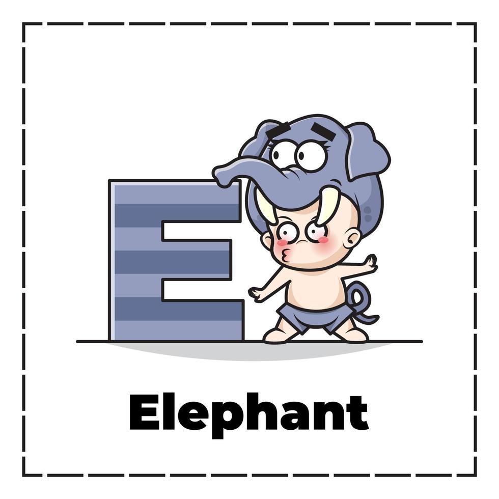 Cute cartoon character of initial letter e with baby wearing elephant costume vector