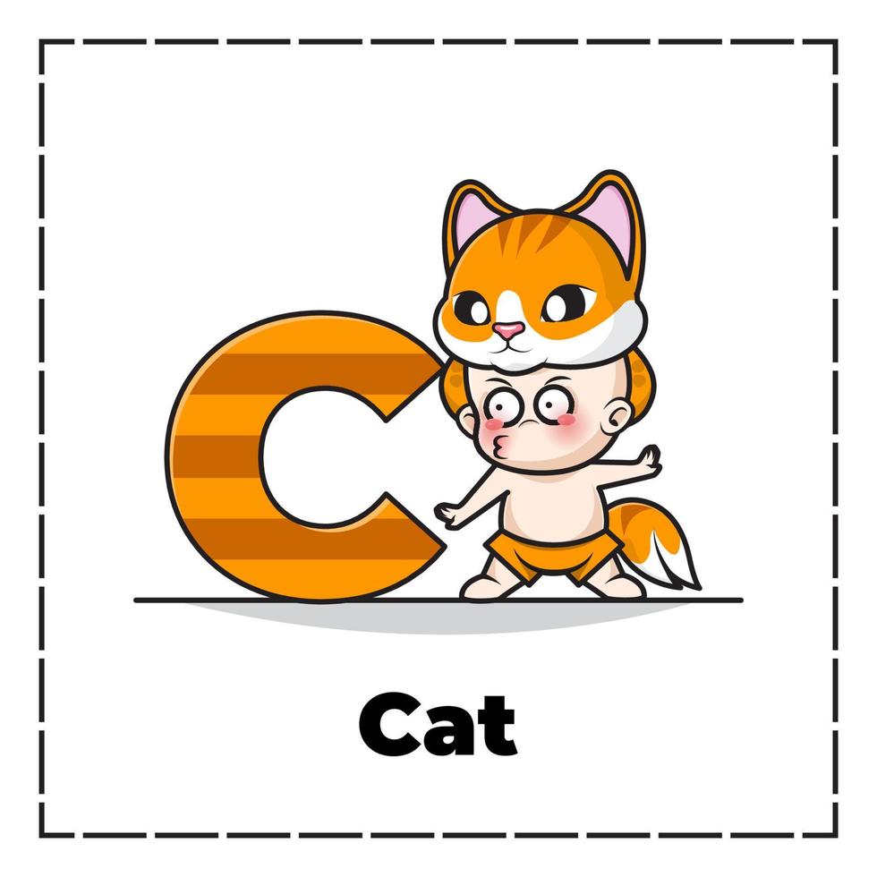 Cute cartoon character of initial letter c with baby wearing cat costume vector