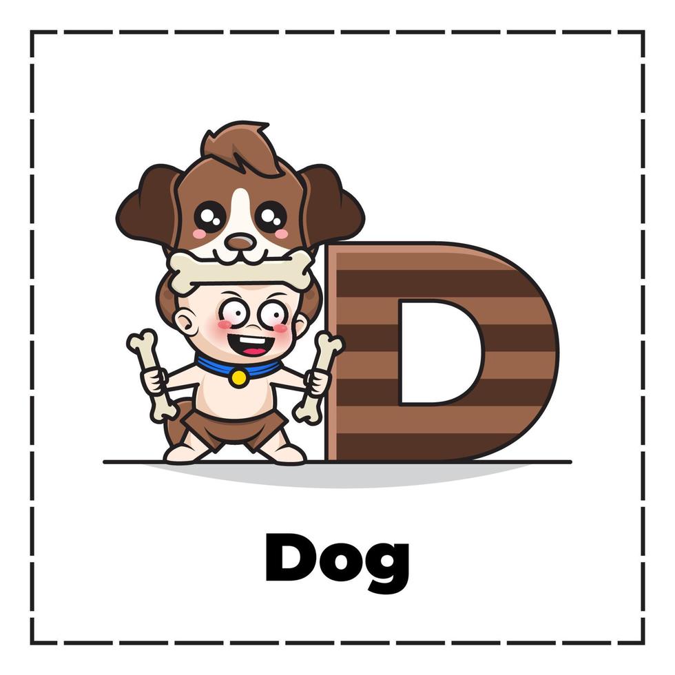 lindo personaje de dibujos animados de la letra inicial d con un bebé disfrazado de perro vector