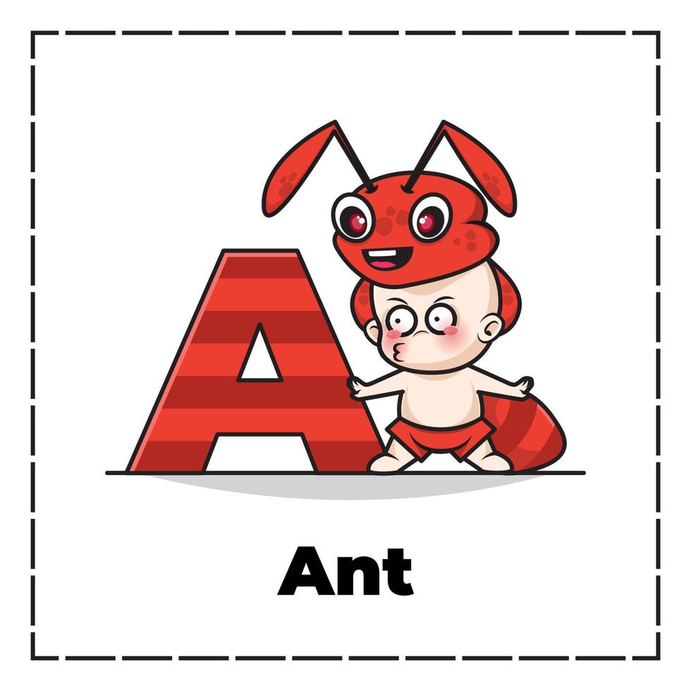 Cute cartoon character of initial letter a with baby wearing ant costume vector