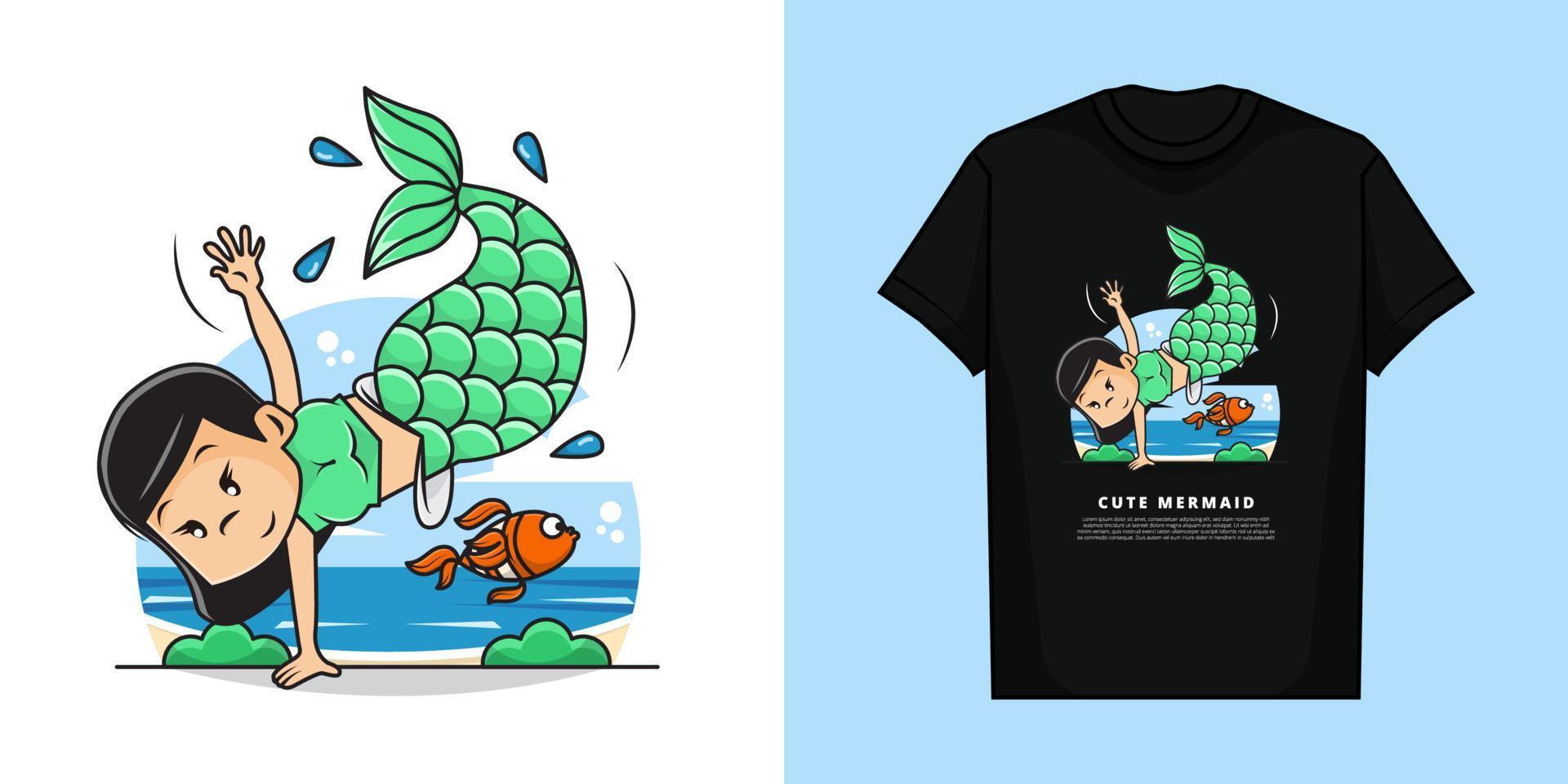 Illustration Vector Graphic of Cute Mermaid Girl with T-Shirt Mockup Design