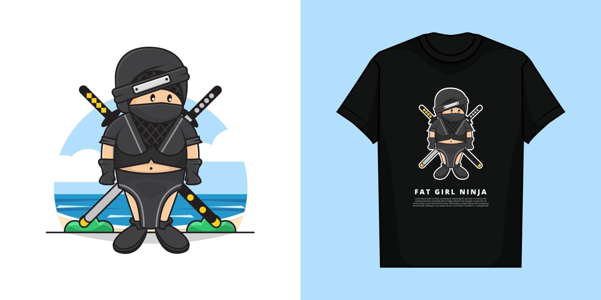 Illustration Vector Graphic of Fat Girl Ninja Character with T-Shirt Mockup Design