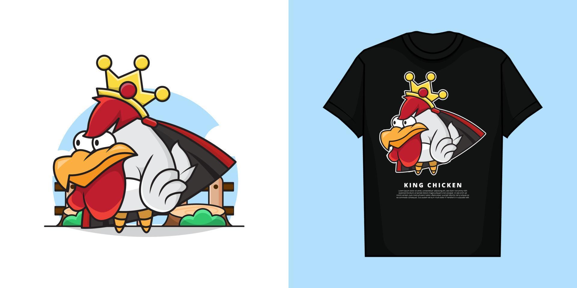 Illustration Vector Graphic of Cute King Chicken Wearing a Crown on his Head with T-Shirt Mockup Design