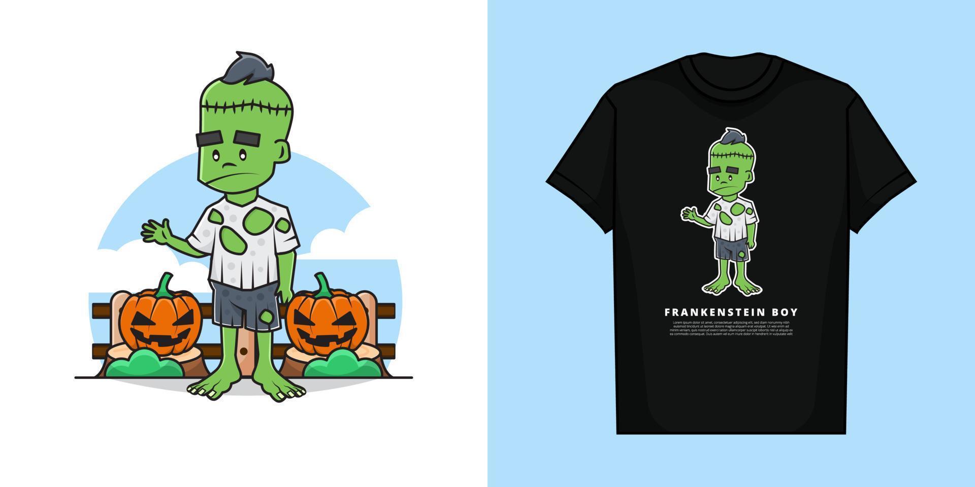 Illustration Vector Graphic of Frankenstein Boy in the Halloween with T-Shirt Mockup Design