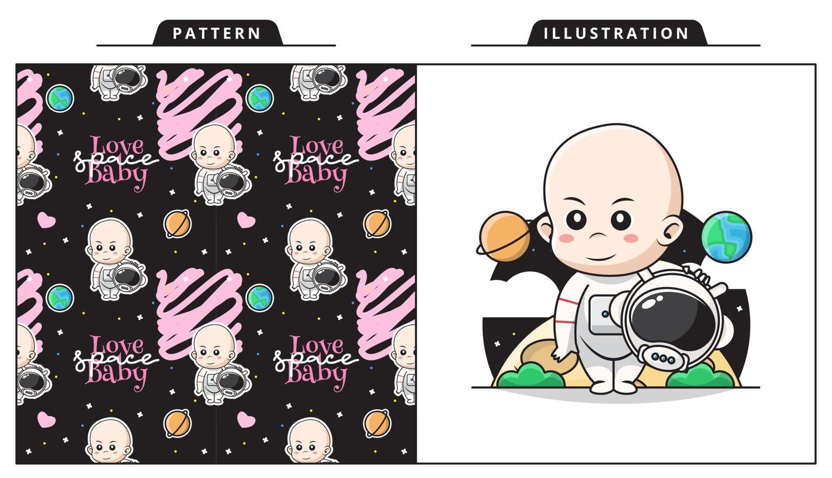 Illustration Vector Graphic of Cute Baby Wearing Astronaut Costume in the Space with Decorative Seamless Pattern