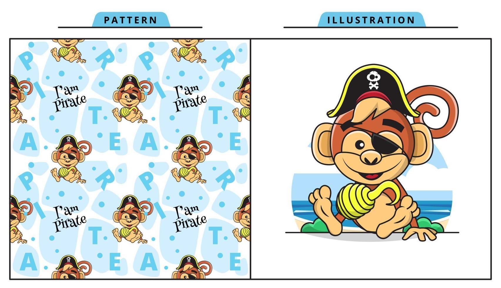 Illustration Vector Graphic of Cute Monkey Wearing Pirate Costume with Decorative Seamless Pattern