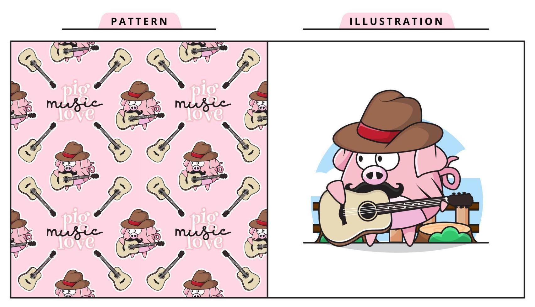 Illustration Vector Graphic of Cute Baby Pig is Playing Guitar with Decorative Seamless Pattern