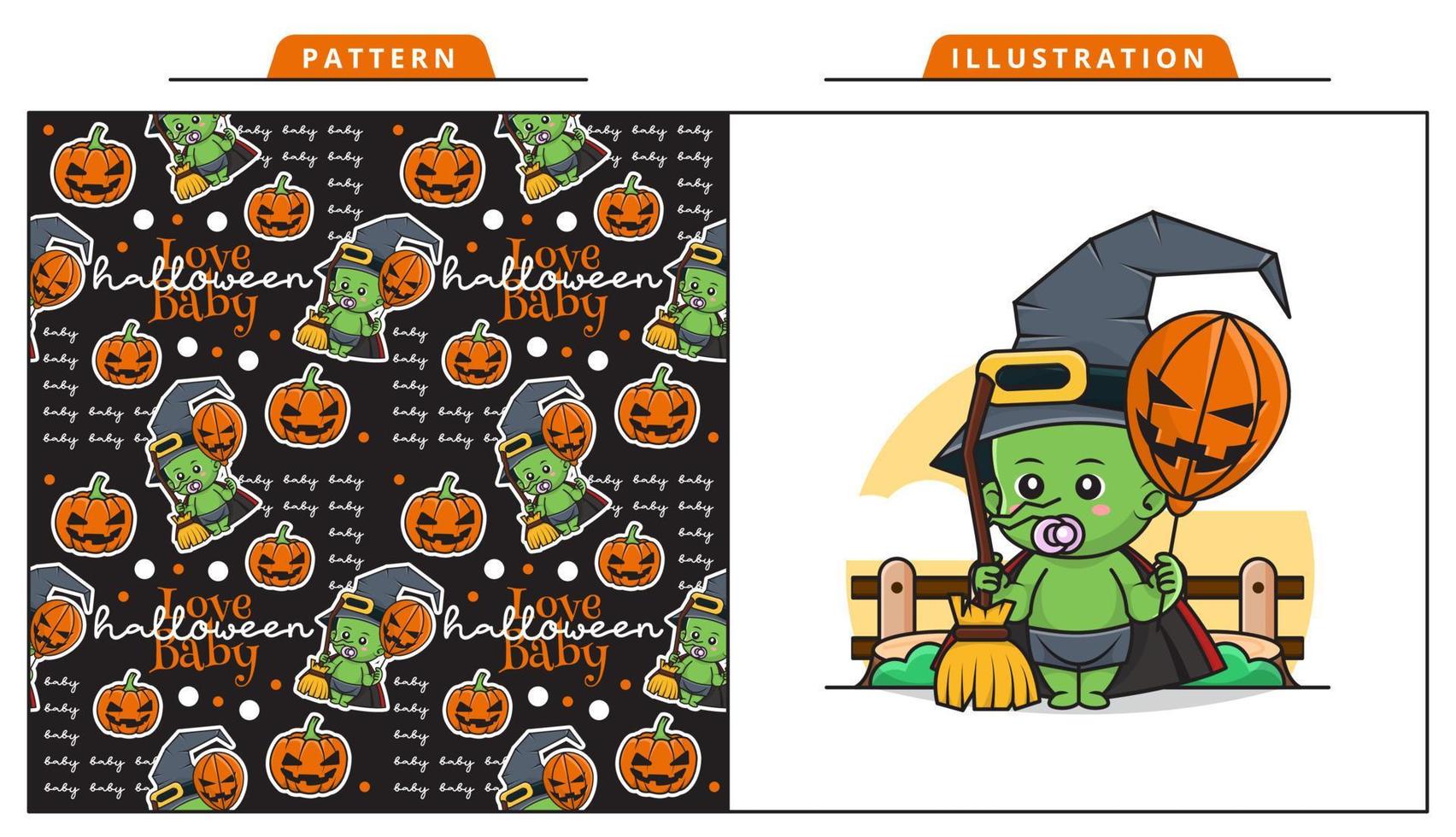 Illustration Vector Graphic of Cute Baby Wearing an Evil Witch Costume in the Halloween Day with Decorative Seamless Pattern