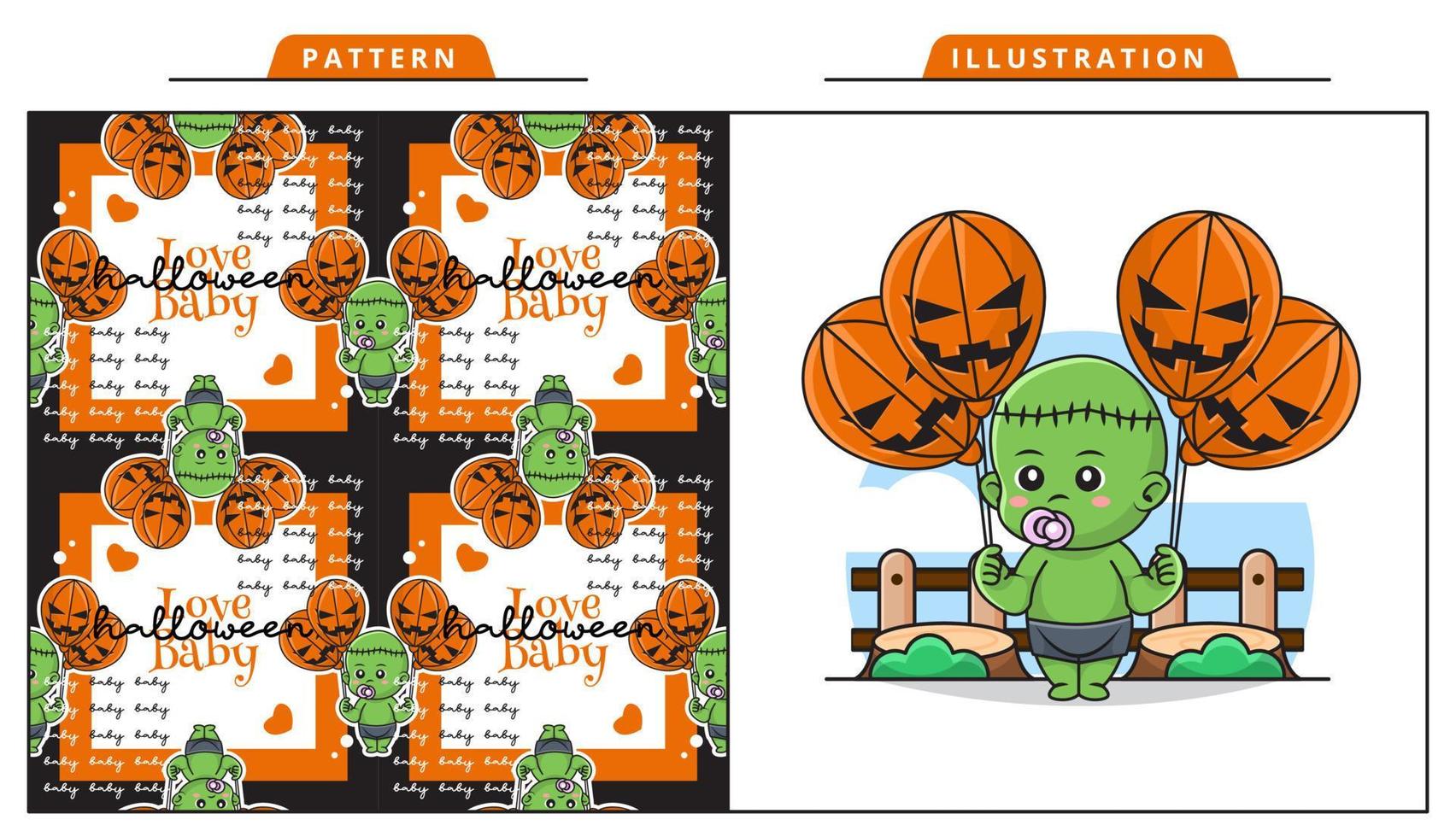 Illustration Vector Graphic of Cute Baby Wearing Costume in the Halloween Day with Decorative Seamless Pattern