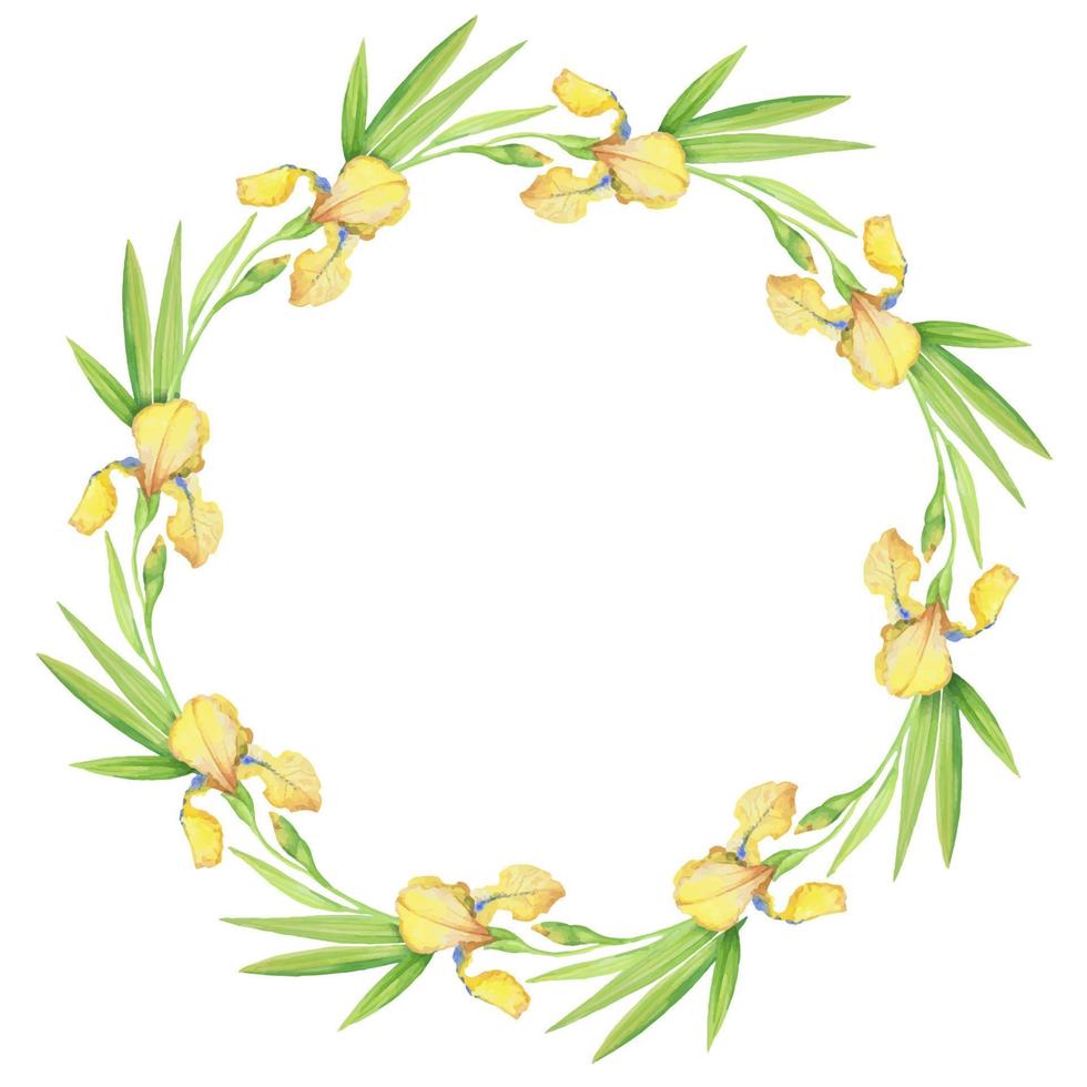 lirios amarillos, hermosa y delicada corona de flores y hojas, ilustración acuarela. vector