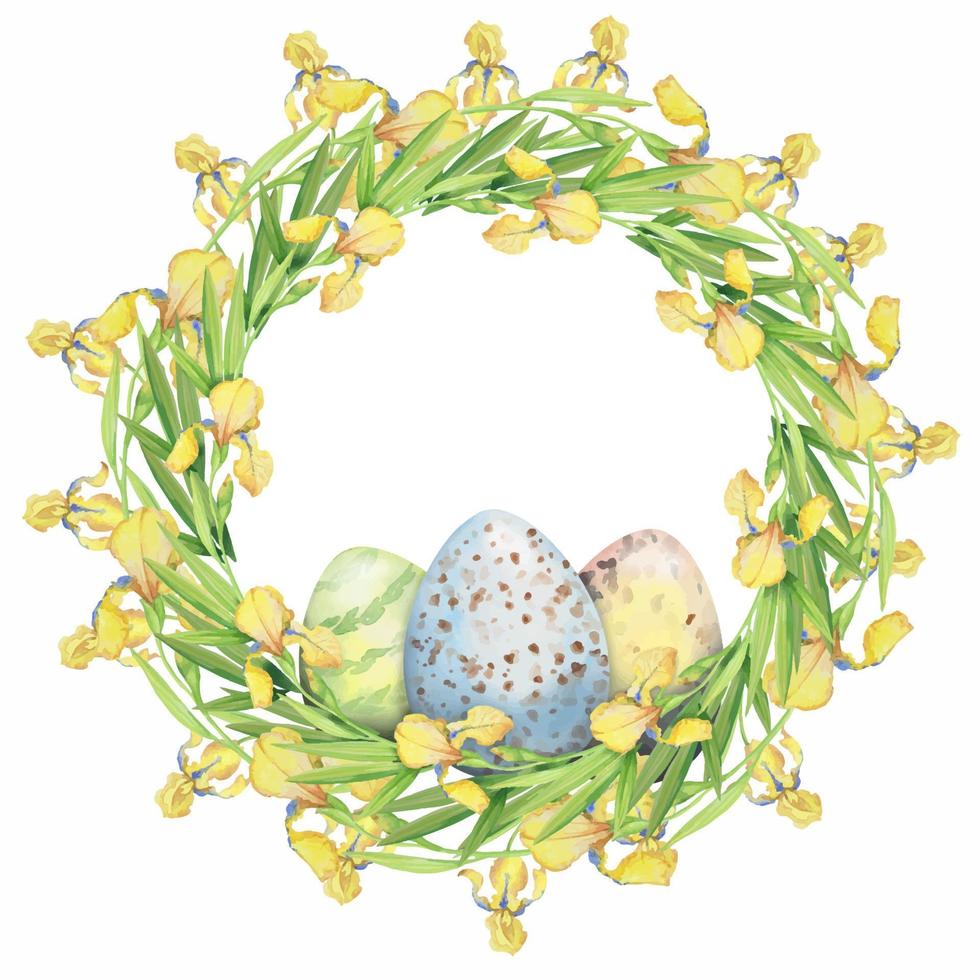 corona de pascua con flores amarillas lirios y huevos, ilustración acuarela. borde del círculo floral. dibujo a mano para imprimir en tela, decoración, papel tapiz, papel envolvente vector