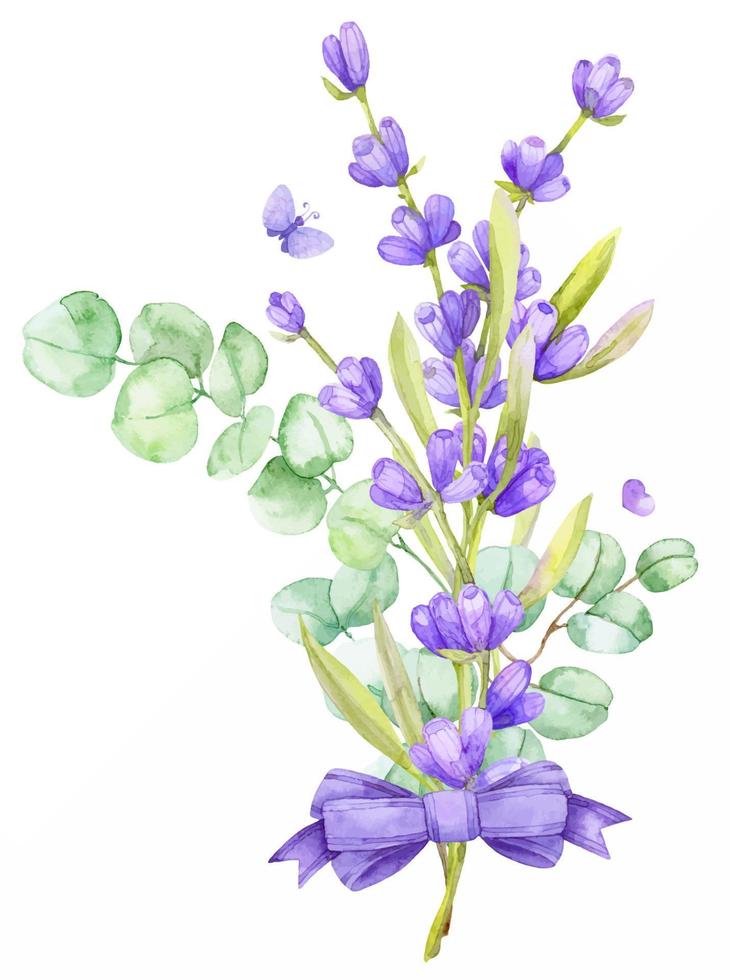 un ramo de hojas de eucalipto verde y lavanda lila. ilustración acuarela rama de eucalipto dibujada a mano con flores de lavanda vector