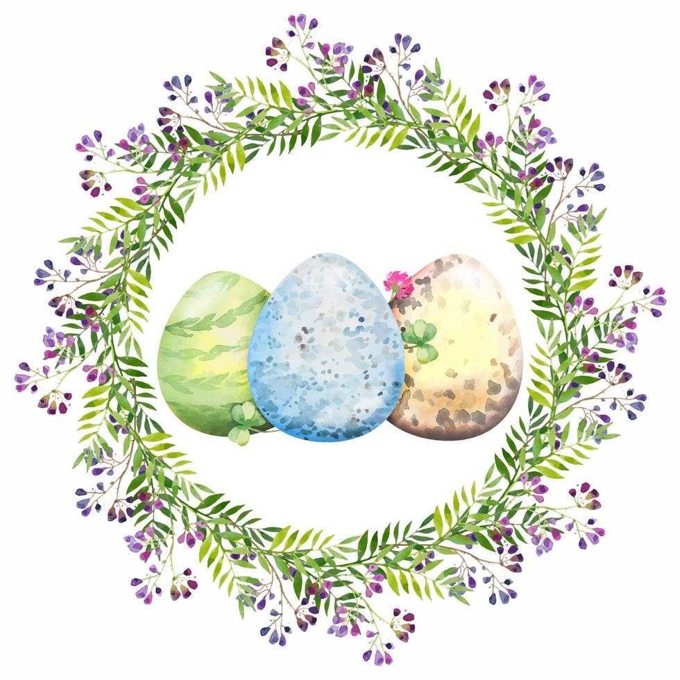 Easter floral wreath with violet flowers, branches, leaves and eggs. Bouquet of flowers, watercolor illustration. vector