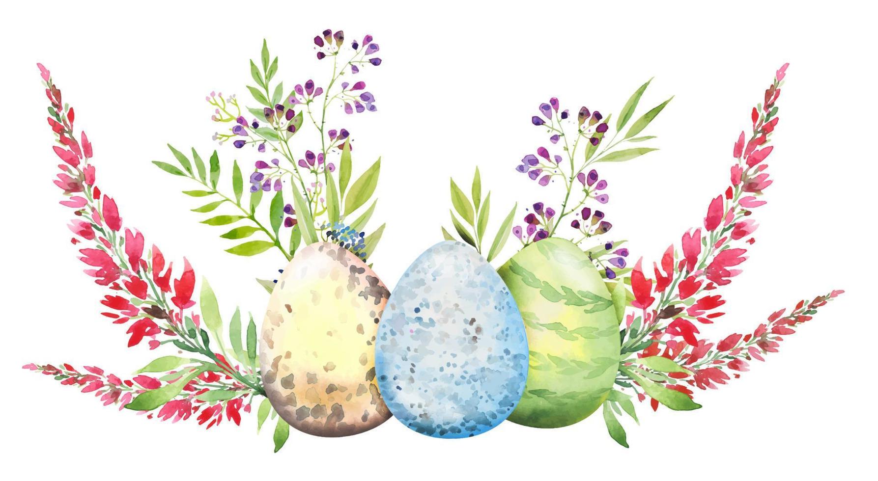 Easter flower composition with red and yellow flowers, branches, leaves and eggs. Bouquet of flowers, watercolor illustration. vector