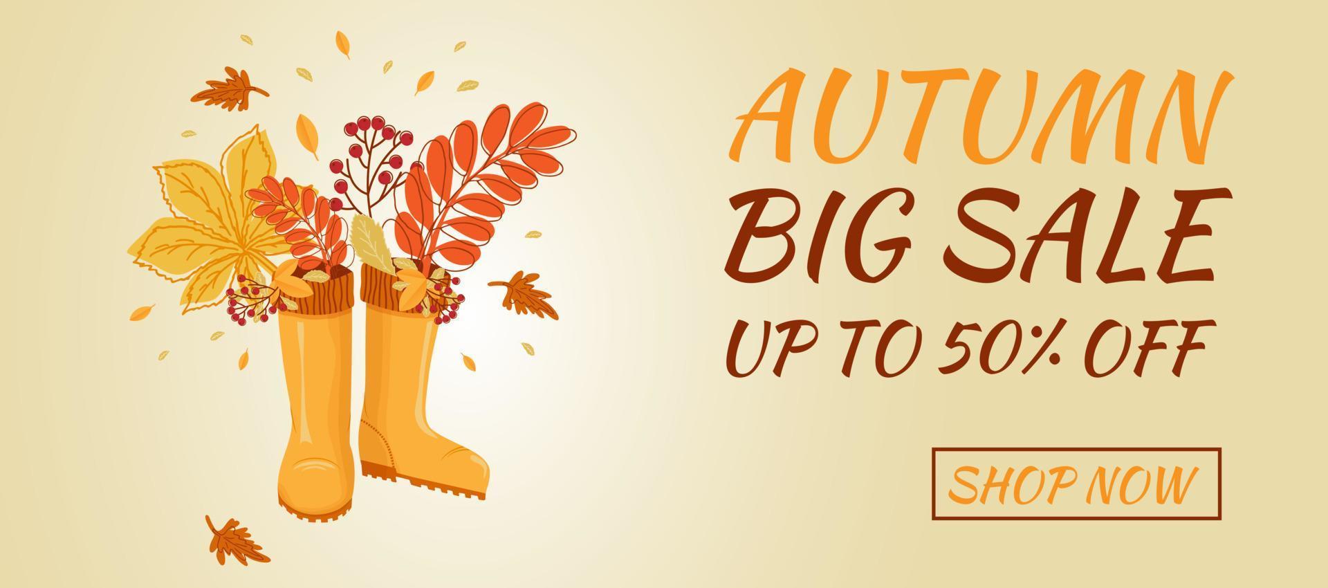 Autumn sale banner. Hello autumn. Rubber boots with autumn leaves. vector
